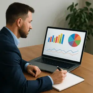 En sales manager foran en bærbar med farvede grafer over lønstatistikker og en notatblok klar til forberedelse af lønforhandling.