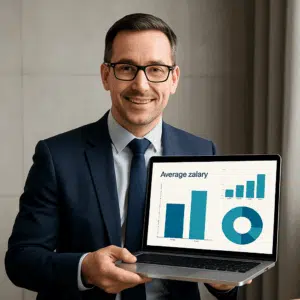 Salgsleder med laptop viser grafer og diagrammer over gennemsnitlig løn og bonusmuligheder i 2024