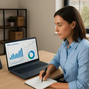 Serviceleder gennemgår 2024-lønstatistik og bonusdiagrammer på laptop, mens hun noterer forhandlingstips ved skrivebordet.