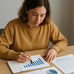 Skolepædagog analyserer lønstatistikker for 2024 ved bord med diagrammer, noter til lønforhandling og oversigt over tillæg.