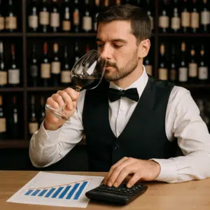 Sommelier smager vin ved bardisk med kalkulator og grafer, der illustrerer sommelier løn i Danmark