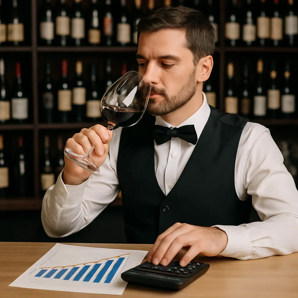 Sommelier smager vin ved bardisk med kalkulator og grafer, der illustrerer sommelier løn i Danmark
