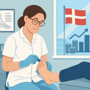 Statsautoriseret fodterapeut behandler en fod i klinik, illustration af lønforhold og karrieremuligheder i Danmark.