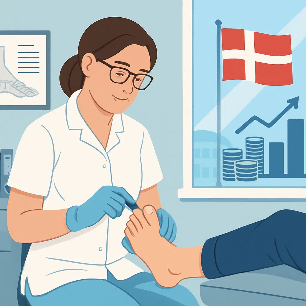 Statsautoriseret fodterapeut behandler en fod i klinik, illustration af lønforhold og karrieremuligheder i Danmark.