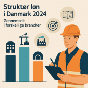 Infografik med struktør løn i Danmark 2024, der viser gennemsnit i forskellige brancher og forberedelse til lønforhandling