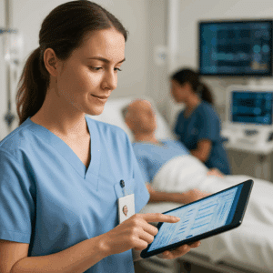Sundhedsteknolog i klinisk miljø bruger tablet til patientdata – illustrerer sundhedsteknologi løn og karriereudsigter i Danmark