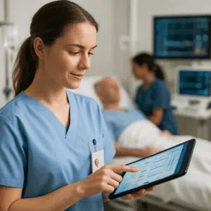 Sundhedsteknolog i klinisk miljø bruger tablet til patientdata – illustrerer sundhedsteknologi løn og karriereudsigter i Danmark