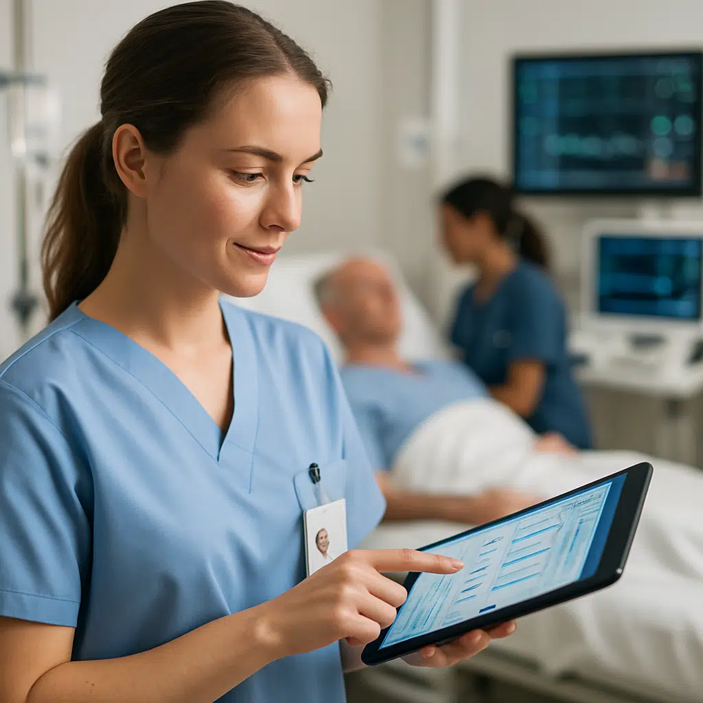 Sundhedsteknolog i klinisk miljø bruger tablet til patientdata – illustrerer sundhedsteknologi løn og karriereudsigter i Danmark
