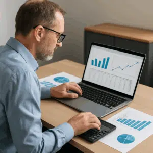 Synsmand gennemgår lønstatistik og bonusmuligheder på laptop ved skrivebord med diagrammer og lommeregner