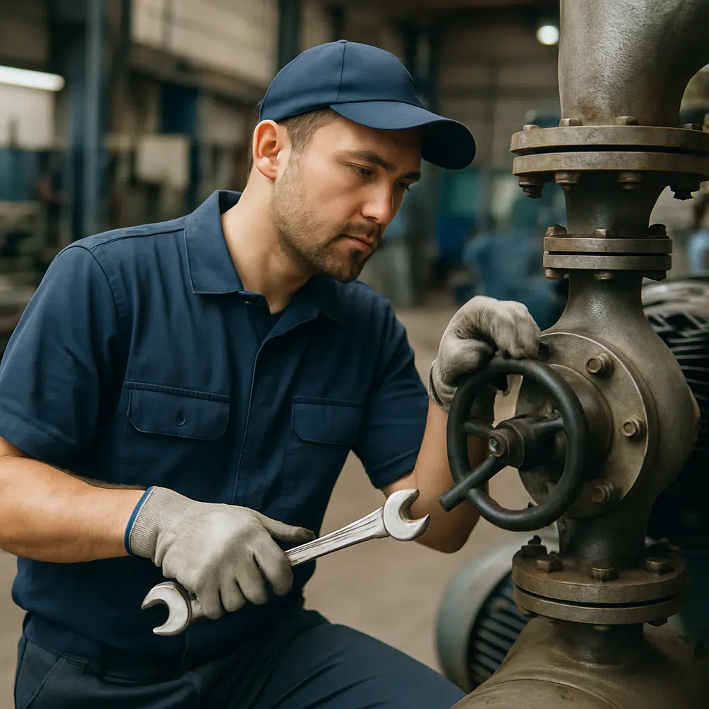 Teknisk servicemedarbejder med skruenøgle og arbejdshandsker inspicerer ventil på industrimaskine i værksted