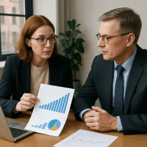 Tillidsrepræsentant i lønforhandling med ledelse ved skrivebord, analyserer lønniveau 2024 i diagrammer