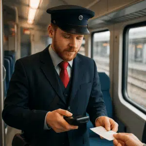 Togkontrollør i uniform tjekker billet ombord på tog – symboliserer fokus på togkontrollør løn og tillæg i 2024.