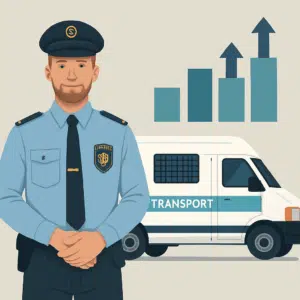 Transportbetjent i dansk uniform ved patruljebus med grafik, der illustrerer transportbetjent løn, tillæg og karriere 2024