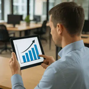 Person i kontormiljø analyserer løndiagram på tablet, symboliserer udviklingskonsulenters gennemsnitlige løn og lønvækst.