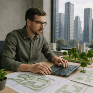 Urban landskabsingeniør ved computer og planteplaner med skitsemodel af grøn bypark og byskyskrabere i baggrunden.