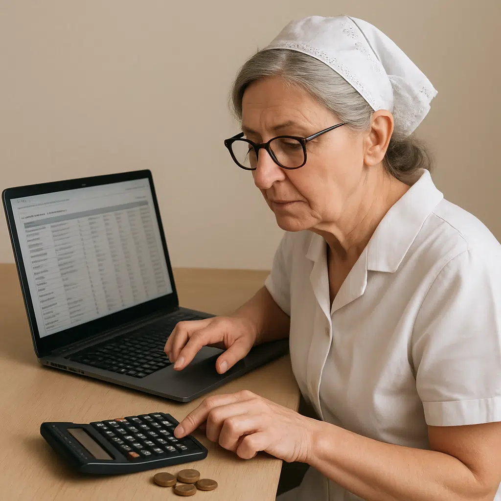 Vågekone tjekker lønoversigt for vågekone løn 2023 på laptop med regnemaskine og mønter på skrivebordet