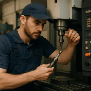 Værktøjsmager i arbejdstøj justerer CNC-maskine med præcisionsværktøj i værksted, symbol på værktøjsmager løn 2024