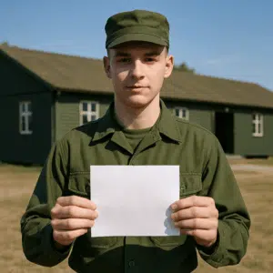 Værnepligtig soldat i grøn uniform holder lønseddel foran militærbarak under klar himmel