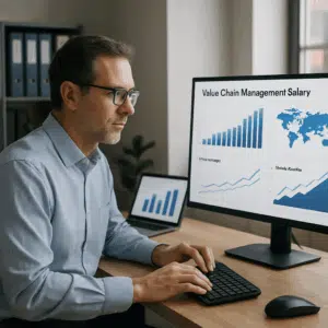 SCM-ekspert ved en computer med grafer, der illustrerer value chain management løn og lønudvikling i 2024