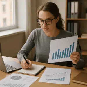 Videnskabelig assistent analyserer lønstatistikker og noter ved skrivebord for at forberede lønforhandling