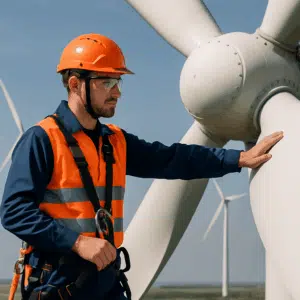Vindmølletekniker i sikkerhedsudstyr inspicerer vindmøllerotor, symboliserer vindmølletekniker løn i 2024