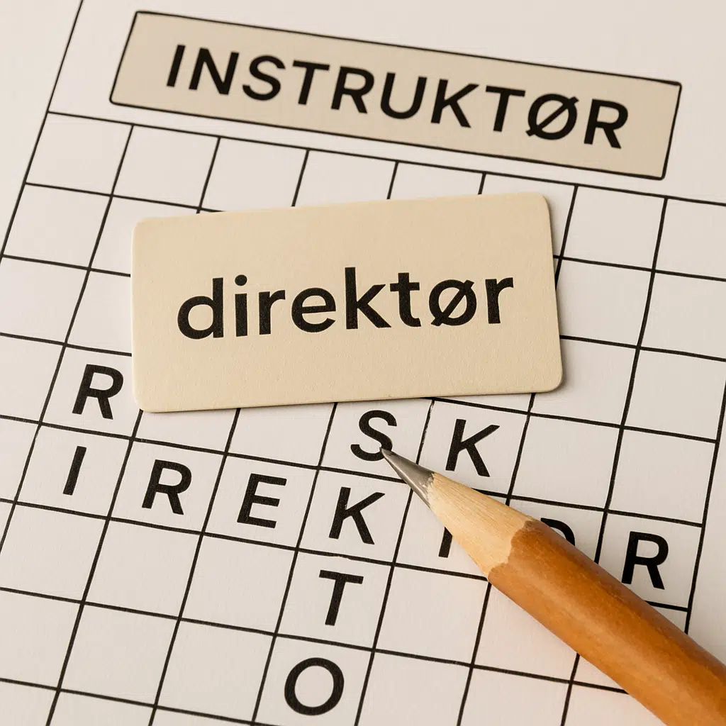 Nærbillede af krydsord med overskriften Instruktør, blyant og synonymkort til løsning