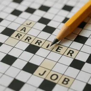 Krydsord med ord som job, karriere og titel fremhævet, plus blyant i fokus
