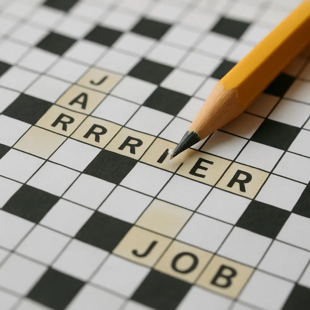 Krydsord med ord som job, karriere og titel fremhævet, plus blyant i fokus