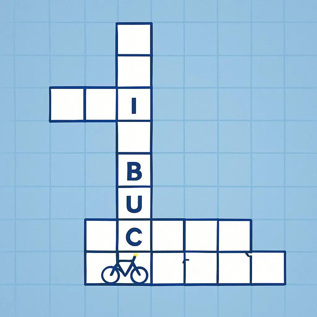 Krydsord med blåt design og ord for køretøj som bil, bus og cykel, klar til løsning