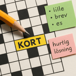 Krydsord med “kort” fremhævet, blyant og smarte tips til kortsynonymer og hurtig løsning