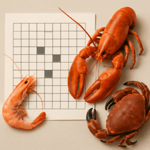 Krebsdyr: rejer, hummer og krabber ved siden af et krydsord på papir