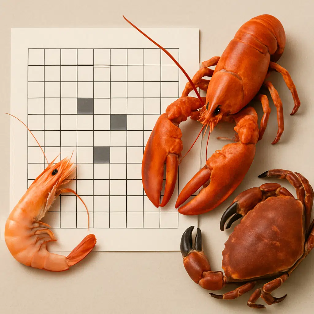 Krebsdyr: rejer, hummer og krabber ved siden af et krydsord på papir