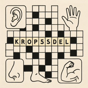 Billedet viser et krydsord med ordet ’kropsdel’ fremhævet og små ikoner af kropsdele rundt om