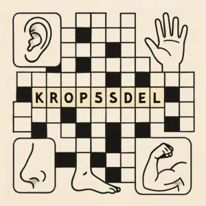 Billedet viser et krydsord med ordet ’kropsdel’ fremhævet og små ikoner af kropsdele rundt om