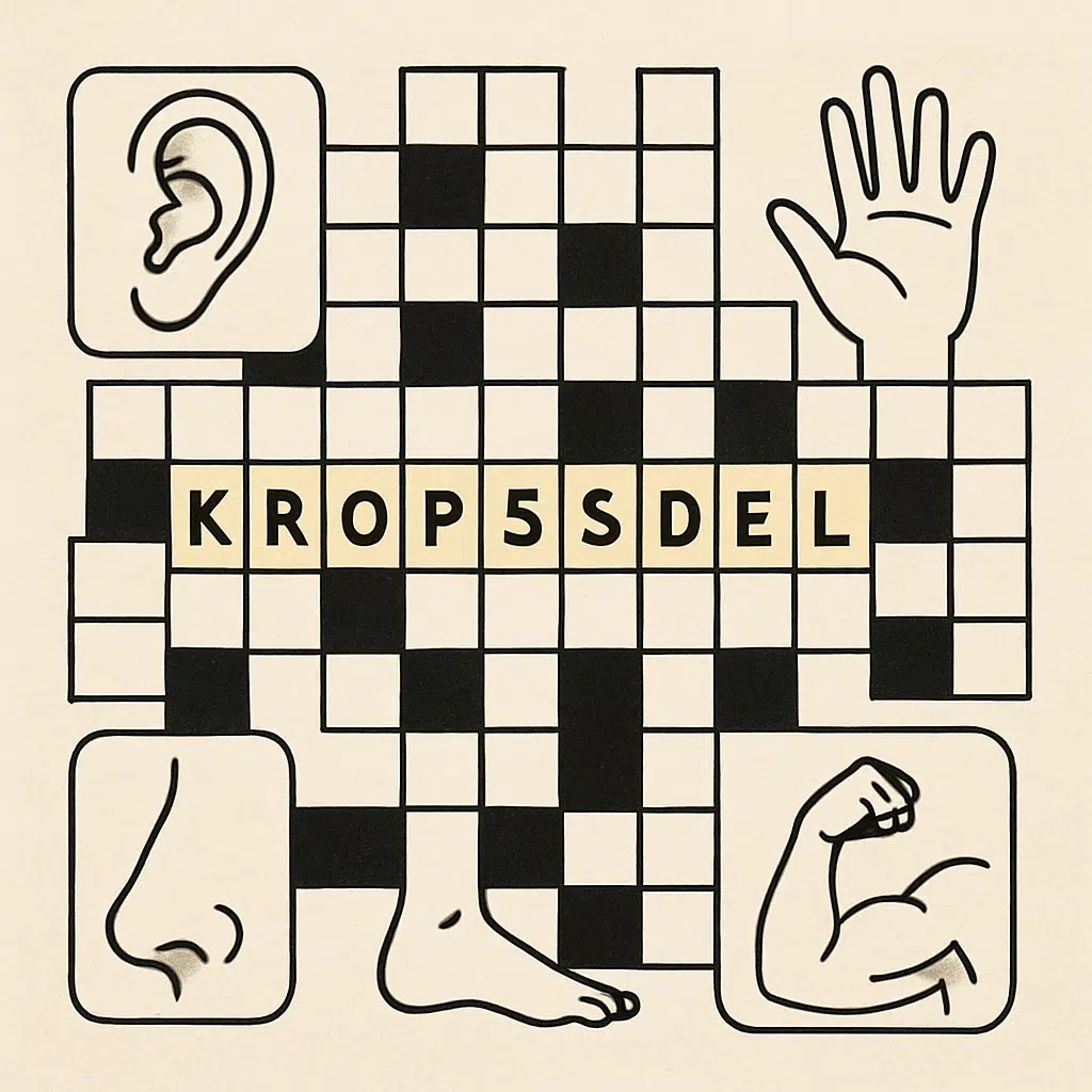 Billedet viser et krydsord med ordet ’kropsdel’ fremhævet og små ikoner af kropsdele rundt om