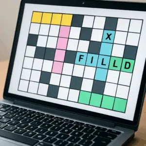 Nærbillede af computer med online krydsord, der viser farverige gåder og smarte løsningsforslag
