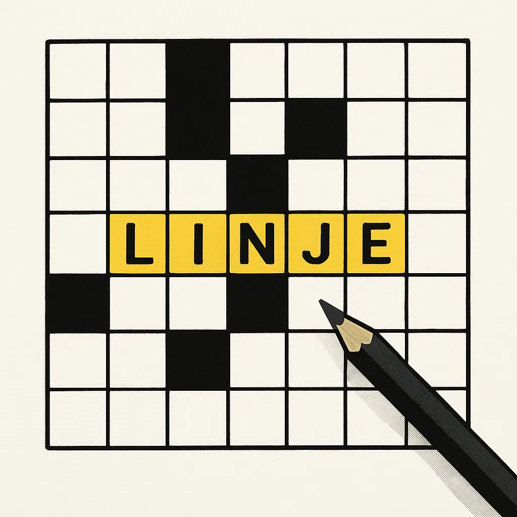 Illustration af krydsord med markering af ordet linje og ikoner for tips, løsninger og synonymer