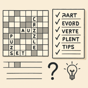 Illustration af krydsordsgåde med liste over ord og tips til nemmere løsninger