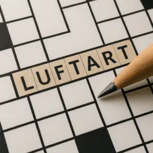 Nærbillede af krydsordsark med ordet luftart markeret og en blyant klar til udfyldning.