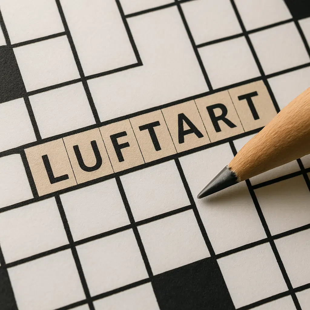 Nærbillede af krydsordsark med ordet luftart markeret og en blyant klar til udfyldning.