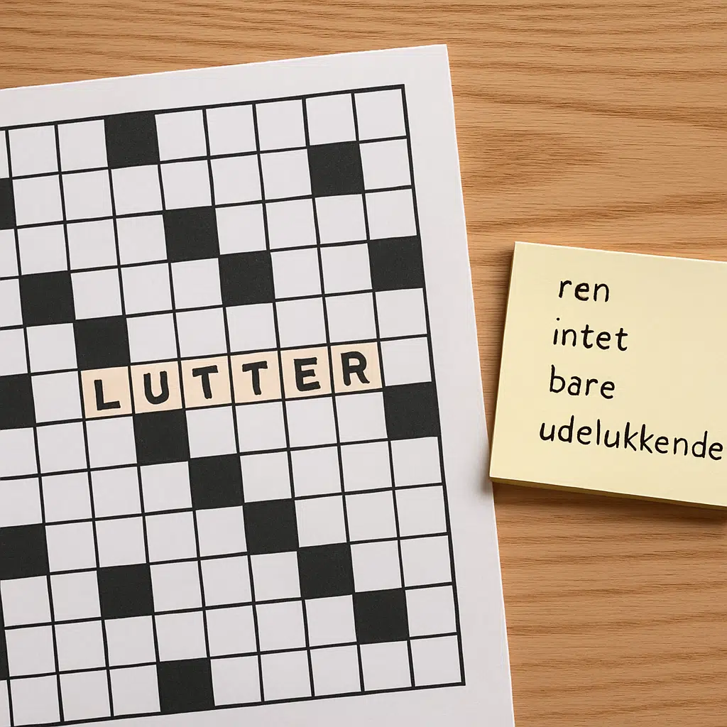 Krydsord med ordet ’lutter’ fremhævet og forslag til synonymer ved siden af