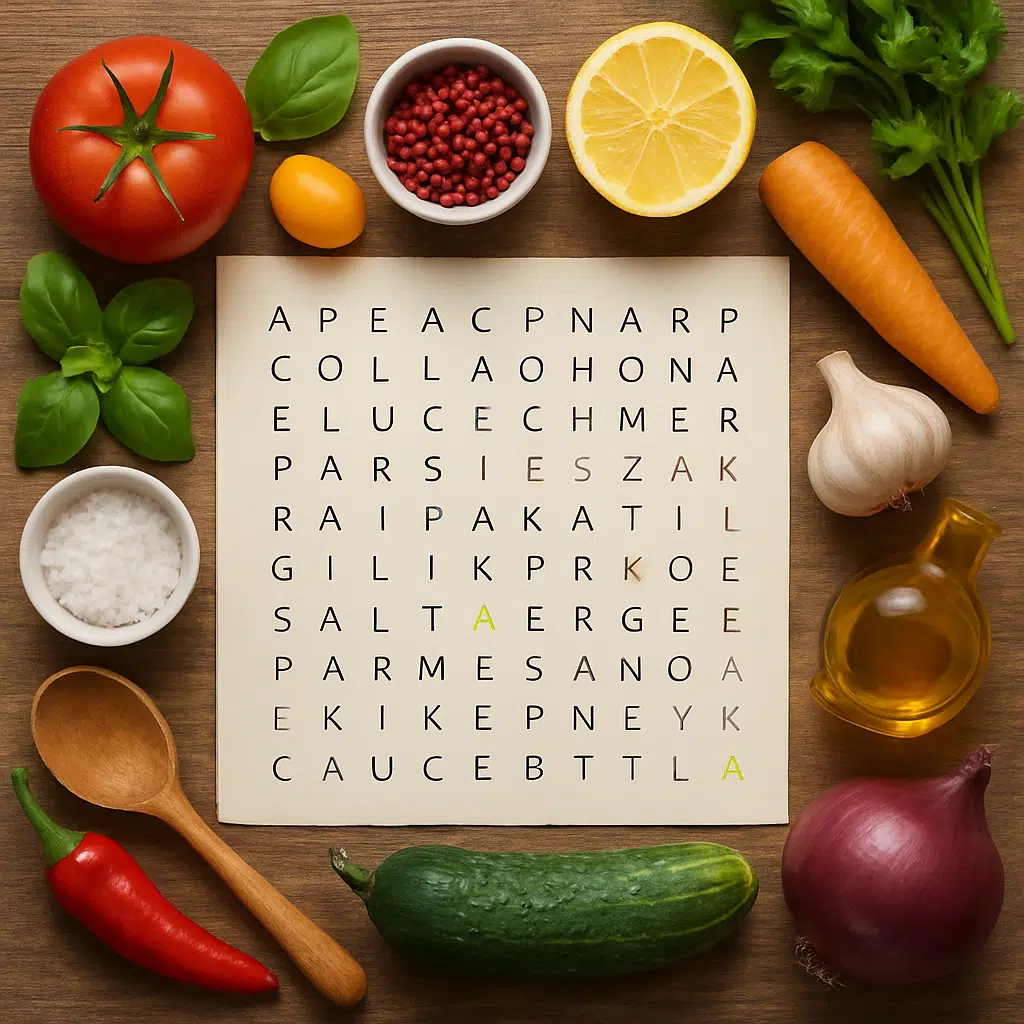 Mad-krydsord med ingredienssynonymer og skjulte ord, omgivet af farverige råvarer og køkkentilbehør