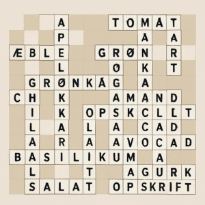 Krydsord med madvare-tema fyldt med ord som frugt, grøntsager og opskrifter til madinteresserede.