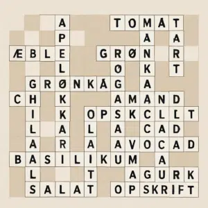 Krydsord med madvare-tema fyldt med ord som frugt, grøntsager og opskrifter til madinteresserede.