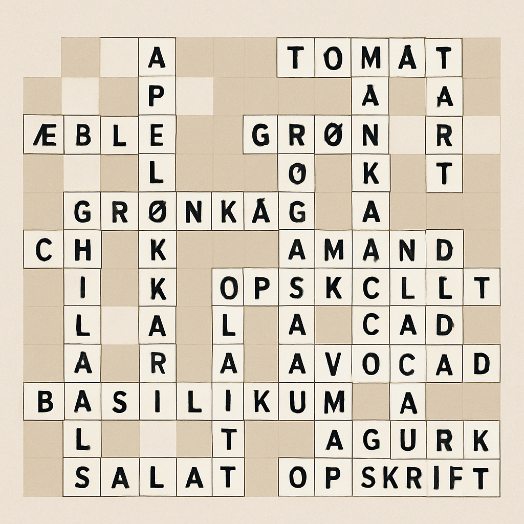 Krydsord med madvare-tema fyldt med ord som frugt, grøntsager og opskrifter til madinteresserede.
