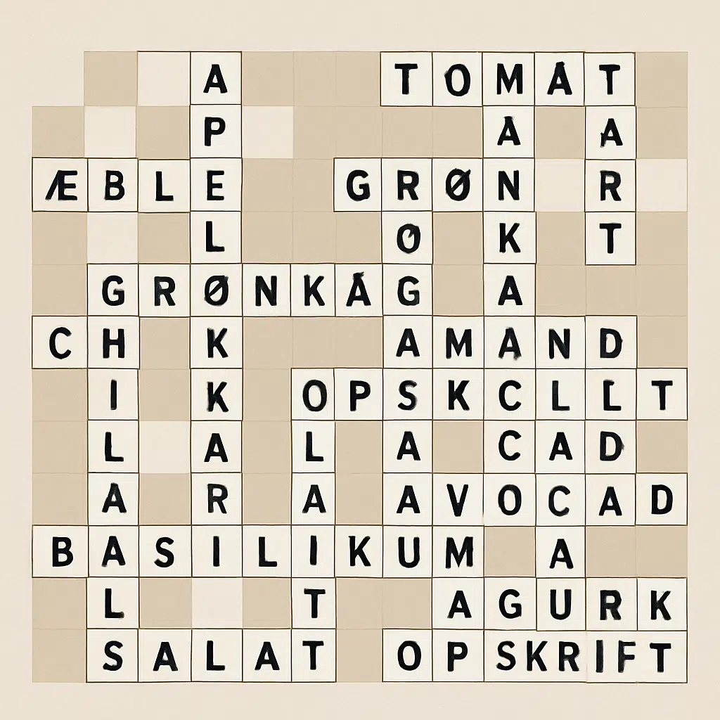 Krydsord med madvare-tema fyldt med ord som frugt, grøntsager og opskrifter til madinteresserede.