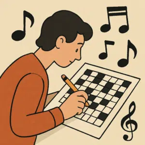 Person løser krydsord med musiktema, omgivet af notesymboler og blyant i hånd