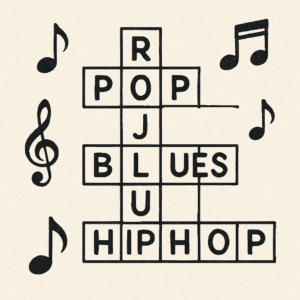 Grafik af krydsord med musikgenre som rock, pop, jazz, blues og hiphop
