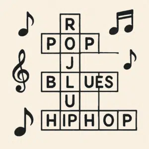 Grafik af krydsord med musikgenre som rock, pop, jazz, blues og hiphop