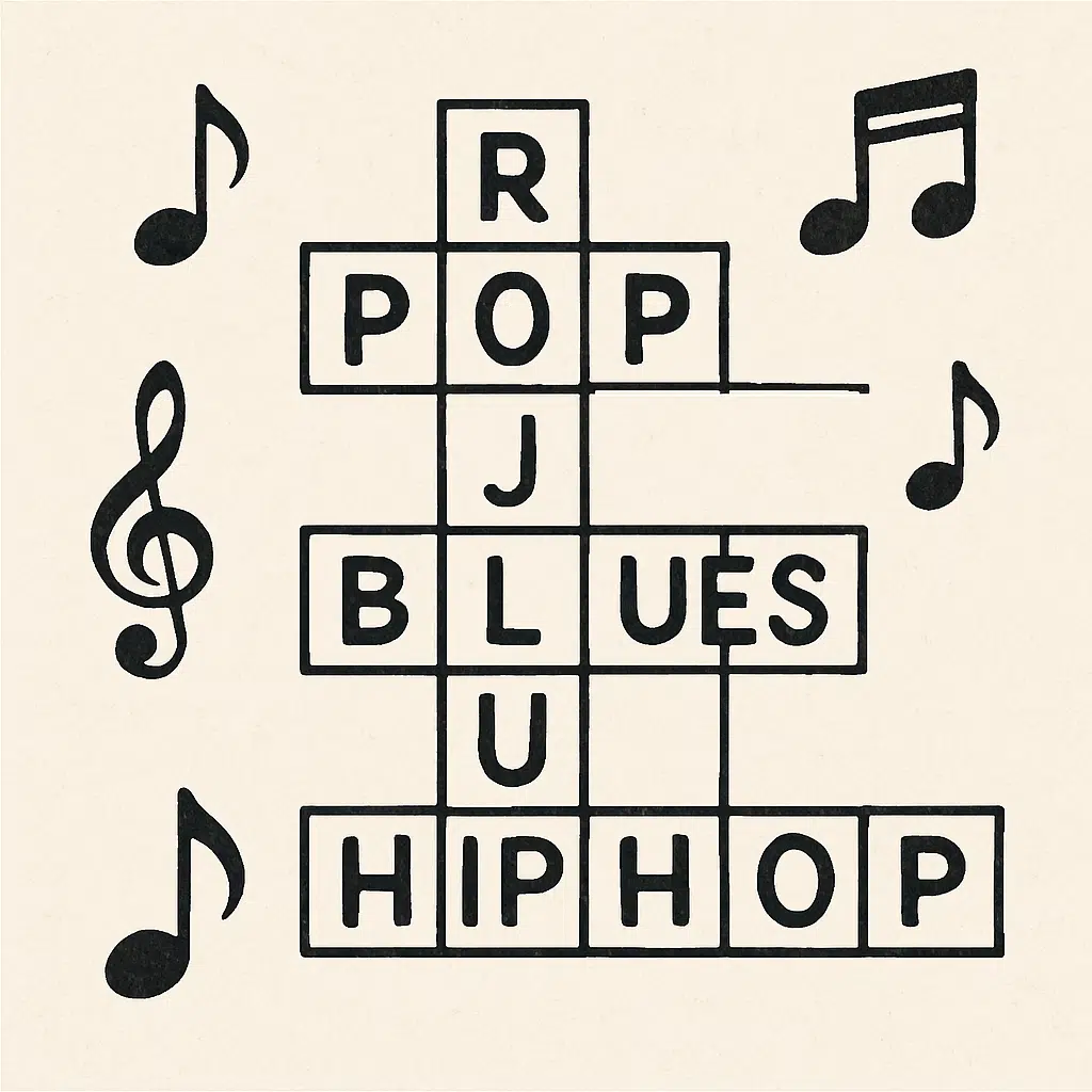 Grafik af krydsord med musikgenre som rock, pop, jazz, blues og hiphop